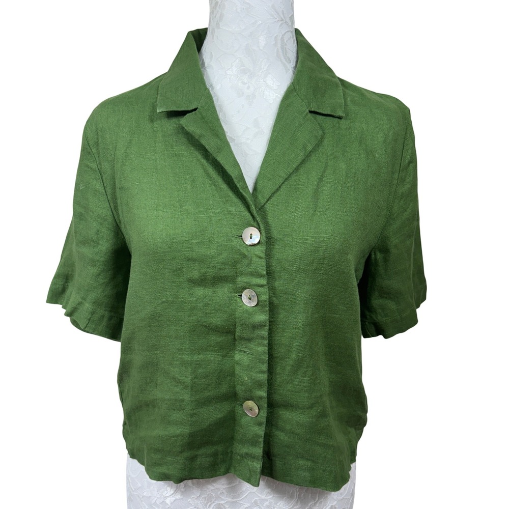 MANGO Green Cropped Short Sleeve Linen Button Up Shirt Blouse Shorts Womens 4/5
